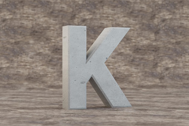 Hormigón 3d letra K mayúscula. Letra de piedra dura sobre fondo de madera. Alfabeto de hormigón con imperfecciones. Carácter de fuente renderizado 3D.