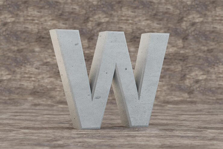 Foto hormigón 3d letra w mayúscula. letra de piedra dura sobre fondo de madera. alfabeto de hormigón con imperfecciones. carácter de fuente renderizado 3d.