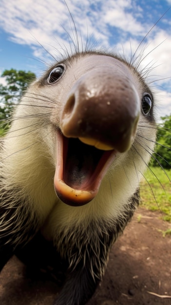 El hormiguero toca la cámara tomando una selfie Retrato selfie gracioso de un animal