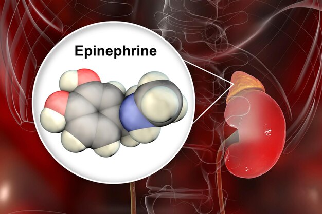 Foto hormônio epinefrina produzido pela glândula adrenal ilustração 3d tem efeito sobre a pressão arterial lipólise glicogenólise