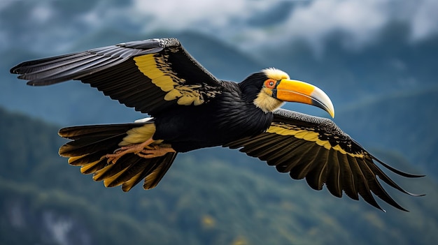 Hornbill bico escuro e amarelo voando sobre um retrato animal de montanha do Himalaia