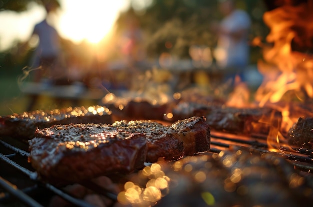 Foto hornear filetes en una parrilla al aire libre