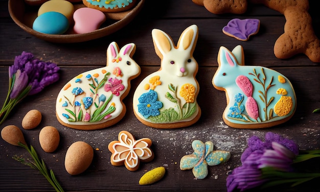 Hornear galletas de conejito de Pascua huevos de Pascua y flores decoradas con glaseado colorido sobre fondo de mesa de madera concepto de Pascua feliz IA generativa