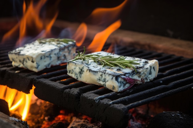 Hornear queso azul en una tabla de cedro con barbacoa de carbón