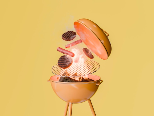 Hornear salchichas y hamburguesas en una parrilla con fuego y humo