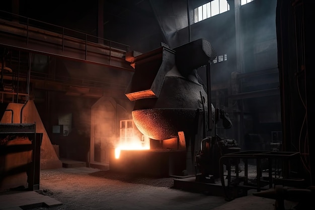 Horno de fundición con llamas y humo proporcionando calor para el proceso de extracción de metales