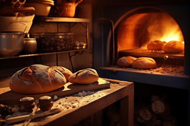 Un horno de leña con panes en él y algunos otros panes en la mesa.