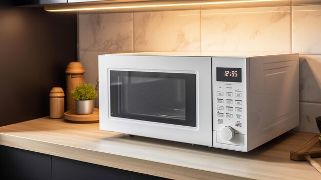 Horno de microondas blanco en el mostrador en la cocina generativo ai