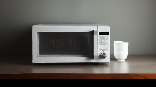 Horno de microondas en mesa aislado sobre un fondo gris