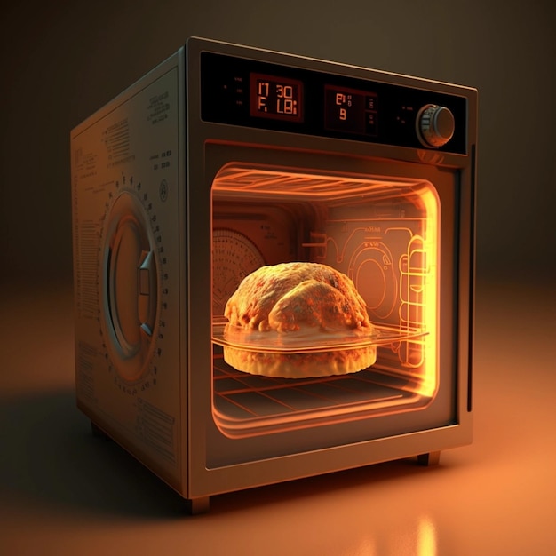 Foto un horno de microondas con un pan dentro que se ilumina con el tiempo de 6:30.
