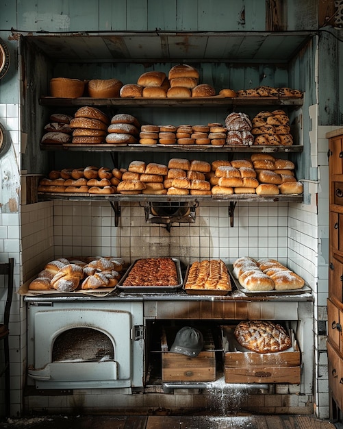 Foto un horno de panadería con bandejas para hornear pan pasteles papel tapiz