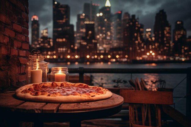 Un horno de pizza en un telón de fondo de luces de la ciudad