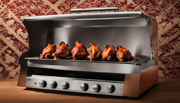 un horno plateado y negro con un montón de pollos cocinando en él