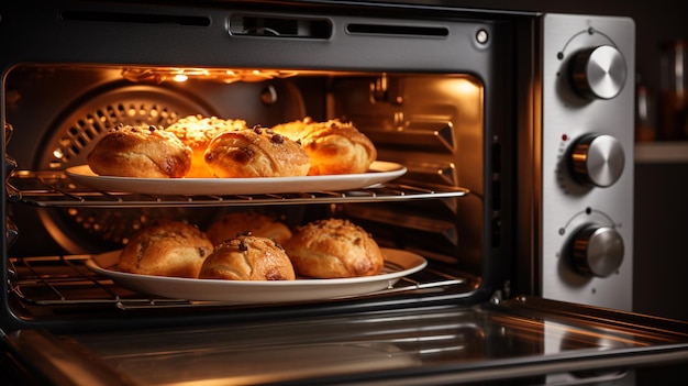 horno con rollos de pan y horno de horno en una mesa negra en el horno