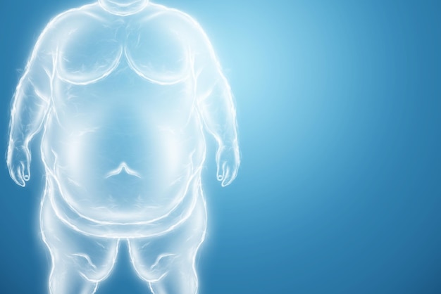 Horograma blanco de un hombre gordo sobre un fondo azul aislado El concepto de obesidad sobrepeso problemas de salud dieta diabetes Copiar espacio 3D render 3D ilustración