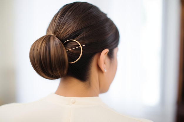 Una horquilla dorada detallada que adorna un chignon bajo y elegante