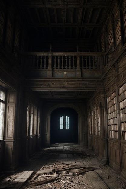 una horrible escena de una vieja biblioteca de libros oxidada y embrujada en un lugar abandonado