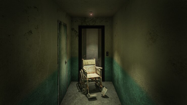 Horror y ascensor espeluznante con silla de ruedas en el hospital. Representación 3D
