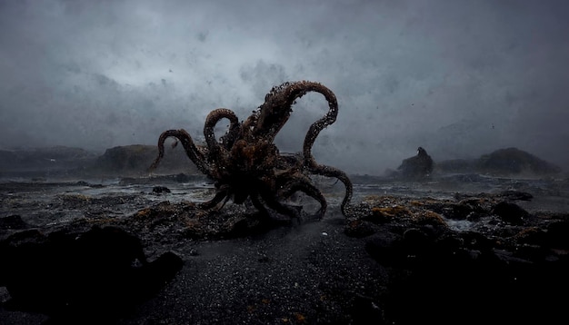 Horror, beira-mar com polvo gigante, imagem de fantasia, pesadelo, praia do pôr-do-sol com monstro marinho, criado com a tecnologia Generative AI