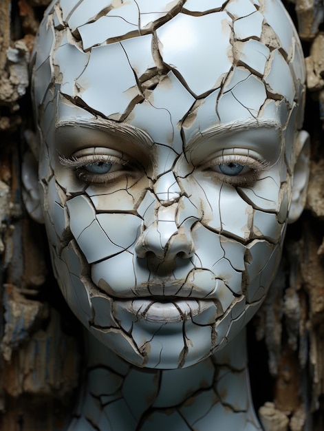 Horror de una de las cabezas de madera agrietadas para retrato generado por IA