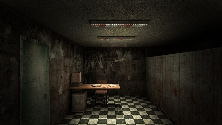 Horror e necrotério assustador no hospital. Renderização 3D
