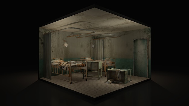 Horror e sala de enfermaria assustadora no hospital com cadeira de rodas, ilustração 3D.