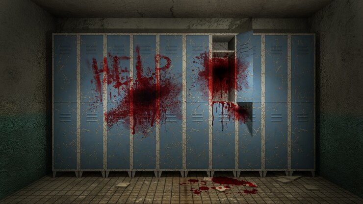 Horror y espeluznante vestuario en el hospital con renderizado 3D de sangre