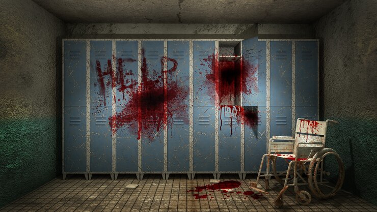 Horror y espeluznante vestuario en el hospital con sangre. Representación 3D