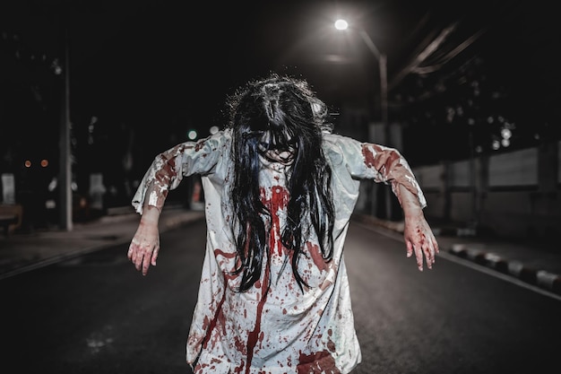 Horror-Frau-KonzeptGeist auf der Straße in der StadtEin rachsüchtiger Geist auf der Straße der StadtHalloween-FestivalMake-up-Geist-Gesicht