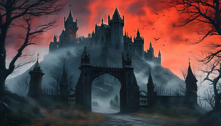 Horror gótico Castillo de vampiros con sangre rojo murciélagos del cielo entrada brumosa y rodeado de árboles desnudos