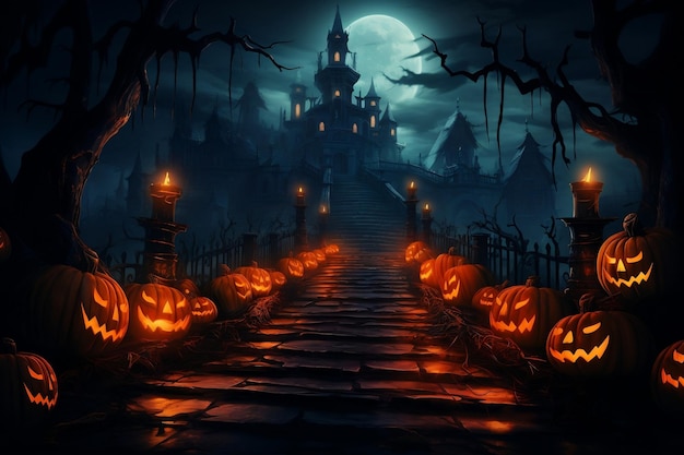 Horror-Halloween-Szene mit gruseligen Kürbissen. Gruseliges Spukhaus. Böses Haus bei Nacht mit Vollmond-Halloween-Tages-KI