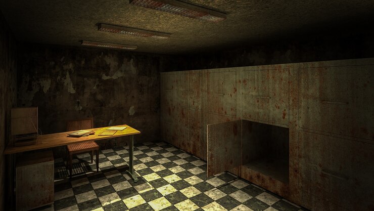 Horror y mortuorio espeluznante en el hospital render 3d