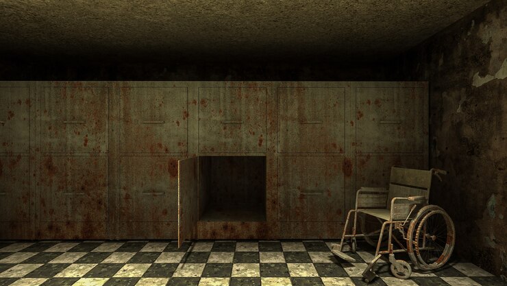 Horror y mortuorio espeluznante con silla de ruedas en el hospital. Representación 3D