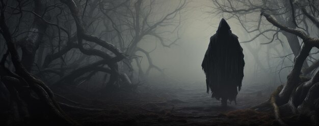 Horror preto encapuzado sombrio na névoa escura