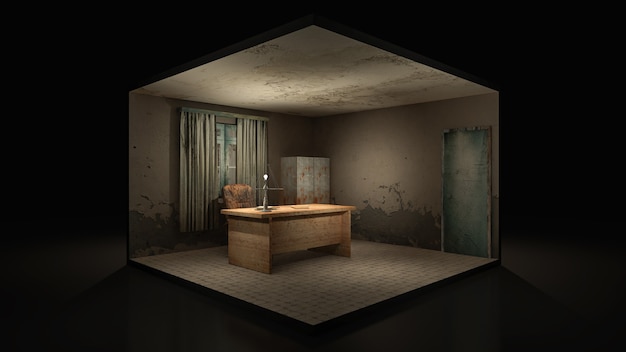 Horror y sala de trabajo espeluznante en el hospital. Representación 3D., Ilustración 3d.