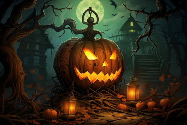 Horror de vacaciones espeluznante malvado linterna de calabaza noche de Halloween otoño octubre luna oscura aterradora