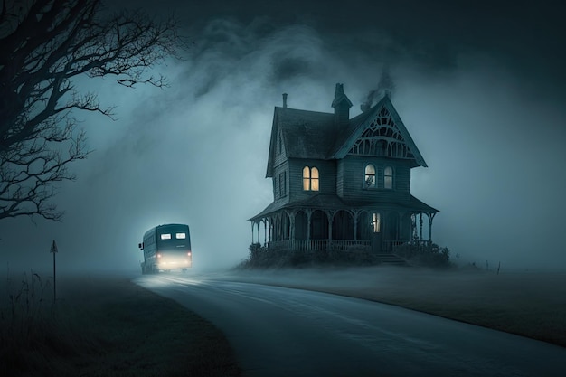 Horrorhaus im Nebel auf der Straße zum Vorort