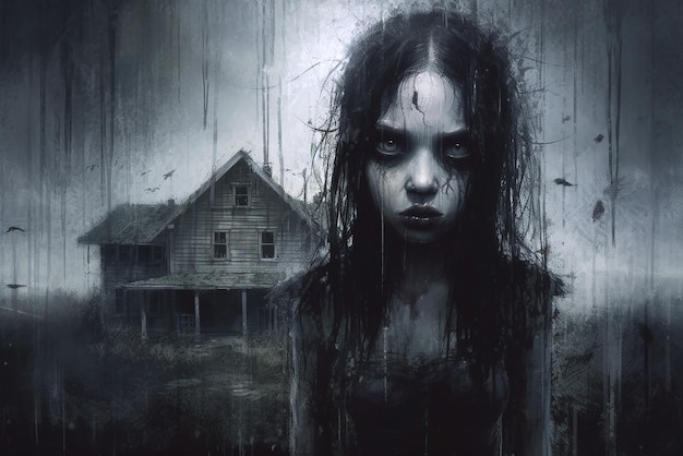 Horrorize uma garota demoníaca espreitando da escuridão contra o pano de fundo de uma velha casa de madeira