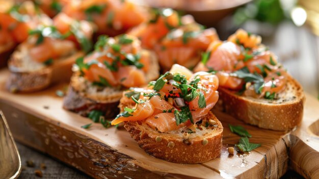 Foto hors d'oeuvres de salmão fumado em pão torrado com queijo lanche ideal para o jantar