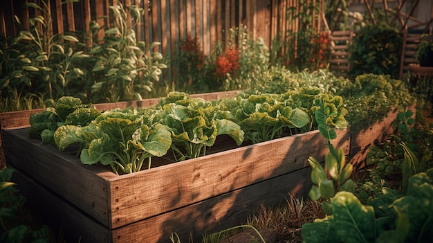 Horta de cama elevada de madeira orgânica para plantio vertical, incluindo feijão, vegetais cultivados localmente em uma grande metrópole IA generativa