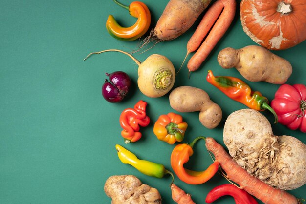 Hortalizas orgánicas feas de moda Surtido de berenjena fresca cebolla zanahoria calabacín patatas calabaza