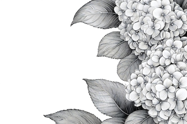 Hortensia arte de línea floral en blanco y negro sobre fondo blanco