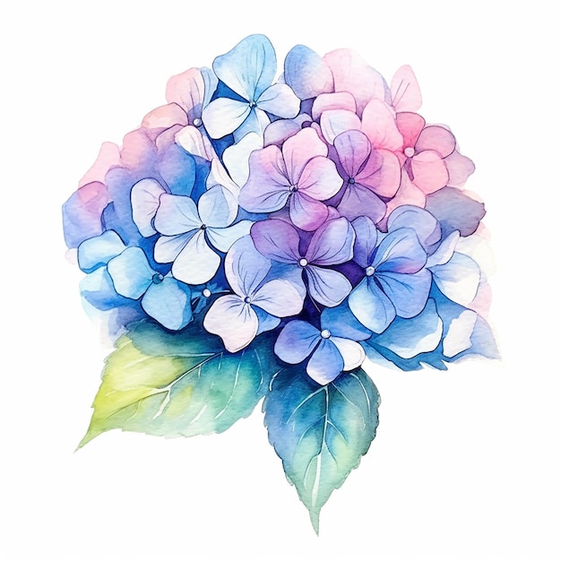 Una hortensia azul y rosa con hojas verdes.