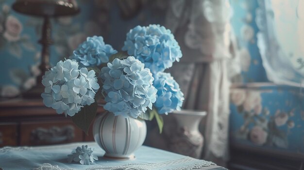 Las hortensias azules en un entorno vintage