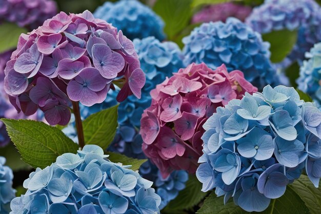 Hortênsias com tons de azul e roxo