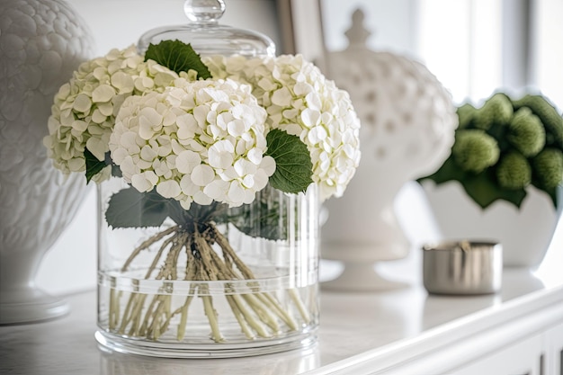 Hortensias en jarrón de cristal sobre paredes blancas