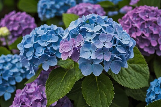 Foto hortensias con tonos de azul y púrpura