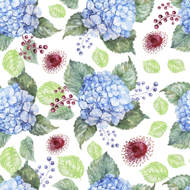 Hortensie blaue Blumen Aquarell handgezeichnete Druck Textil