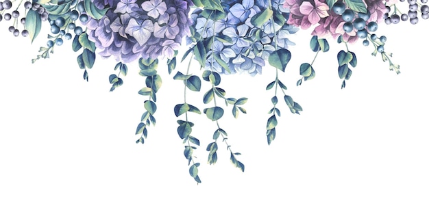 Hortensienblüten Eukalyptuszweige und dekorative Beeren Horizontales Banner Aquarellillustration aus der WEDDING FLOWERS-Kollektion Für die Gestaltung und Gestaltung von Drucken