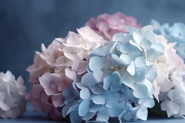 Hortensienblüten in den drei Farben Blau, Rosa und Weiß. Generative KI